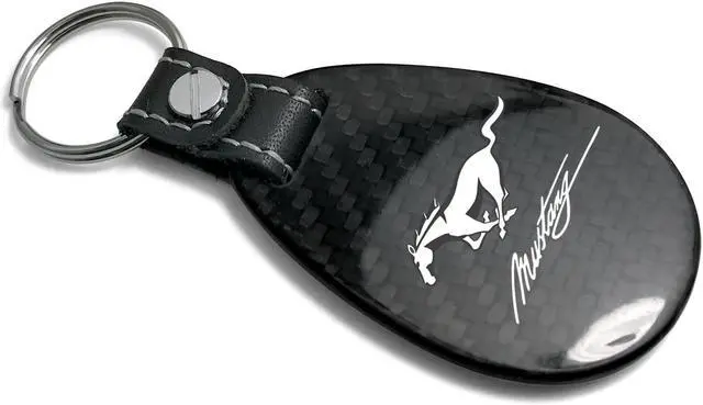 Alt view image 2 of 5 - Ford Mustang Script Real Black Carbon Fiber with Leather Strap Large Tear Drop Key Chain