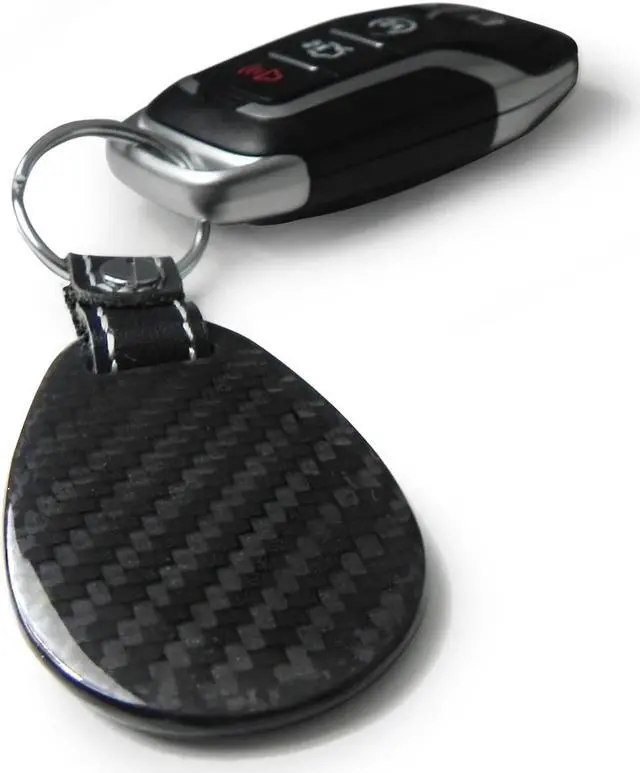 Alt view image 3 of 5 - Ford Mustang Script Real Black Carbon Fiber with Leather Strap Large Tear Drop Key Chain