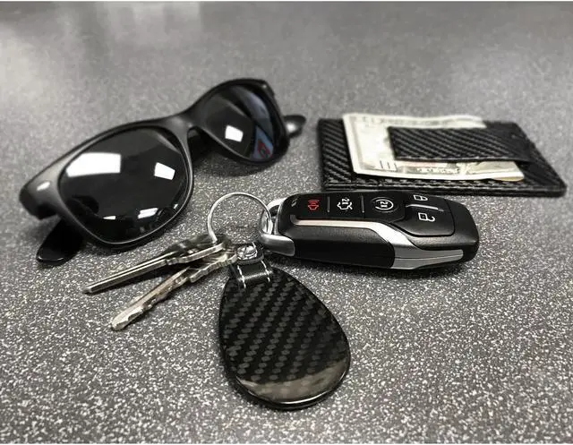 Alt view image 4 of 5 - Ford Mustang Script Real Black Carbon Fiber with Leather Strap Large Tear Drop Key Chain