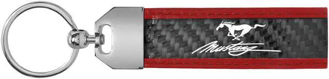 Alt view image 2 of 4 - Ford Mustang Script Real Carbon Fiber Strap with Red Leather Stitching Edge Key Chain