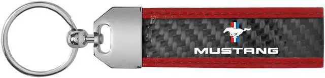 Alt view image 2 of 4 - Ford Mustang Tri-Bar Real Carbon Fiber Strap with Red Leather Stitching Edge Key Chain