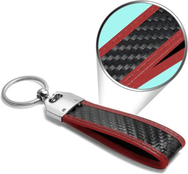Alt view image 3 of 4 - Ford Mustang Tri-Bar Real Carbon Fiber Strap with Red Leather Stitching Edge Key Chain