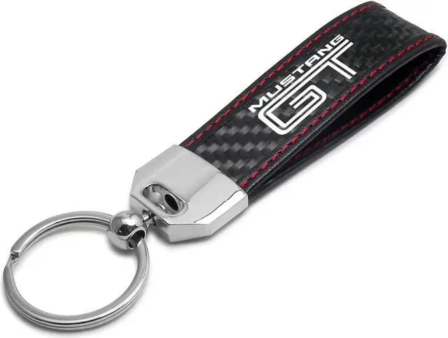 Main image of Ford Mustang GT Real Black Carbon Fiber Loop Strap Key Chain with Red Stitching