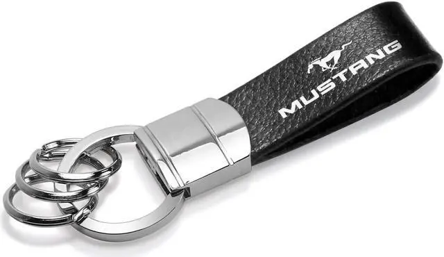 Main image of Ford Mustang Black Real Leather Strap Chrome Round Hook Metal Key Chain