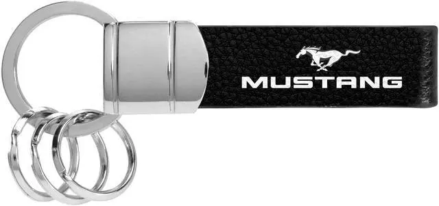 Alt view image 2 of 4 - Ford Mustang Black Real Leather Strap Chrome Round Hook Metal Key Chain