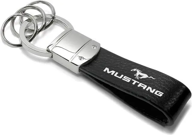 Alt view image 3 of 4 - Ford Mustang Black Real Leather Strap Chrome Round Hook Metal Key Chain