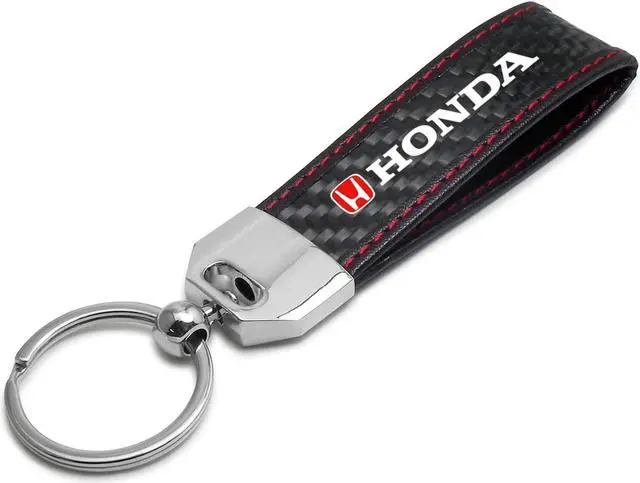 Main image of Honda Logo in Red Real Black Carbon Fiber Loop Strap Key Chain with Red Stitching