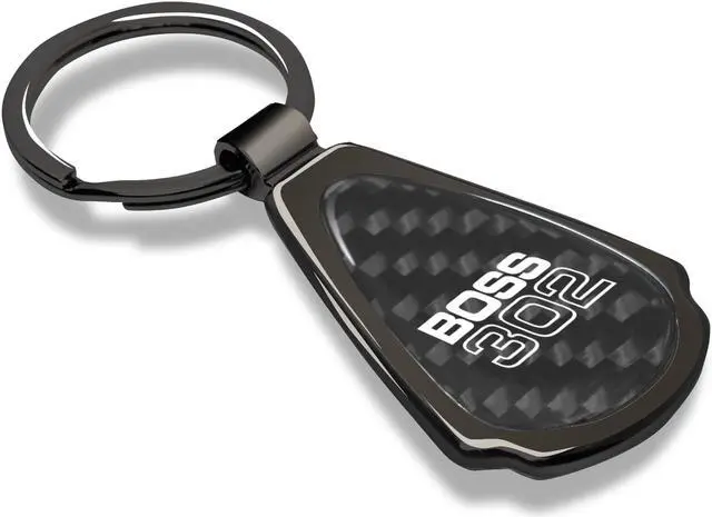 Alt view image 2 of 6 - Ford Mustang Boss 302 Real Black Carbon Fiber Gunmetal Black Metal Teardrop Key Chain