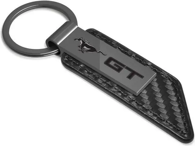 Alt view image 2 of 5 - Ford Mustang GT Gunmetal Black Gray Metal Plate Carbon Fiber Texture Leather Key Chain