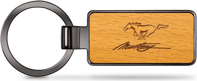 Main image of Ford Mustang Script Laser Engraved Maple Wood Gunmetal Frame Case Key Chain