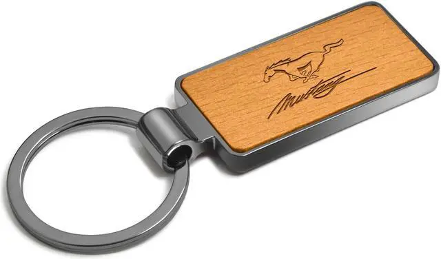 Alt view image 2 of 5 - Ford Mustang Script Laser Engraved Maple Wood Gunmetal Frame Case Key Chain