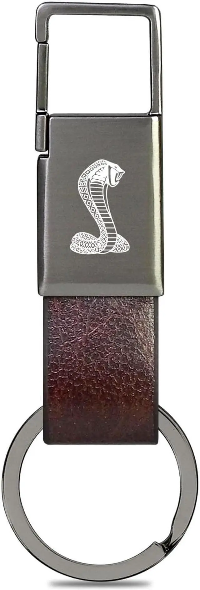 Alt view image 2 of 5 - Ford Mustang Cobra Brown Leather Strap Gunmetal Pull-out Metal Key Chain