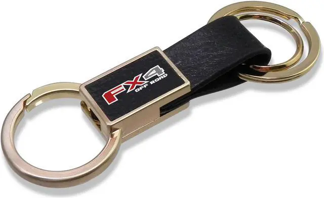 Alt view image 2 of 5 - Ford F150 FX4 Off Road Black Leather insert Golden Metal Leather Strap Key Chain