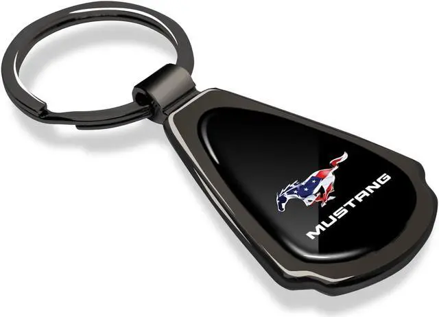 Alt view image 2 of 7 - Ford Mustang Pony in USA Flag Black Dome Dark Gunmetal Metal Teardrop Key Chain
