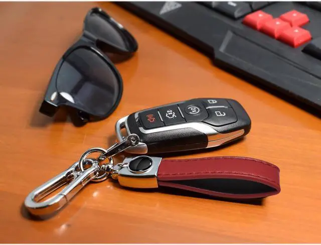Alt view image 3 of 6 - Ford F-150 FX4 Off Road Logo in Black on Genuine Red Leather Loop-Strap Chrome Hook Key Chain