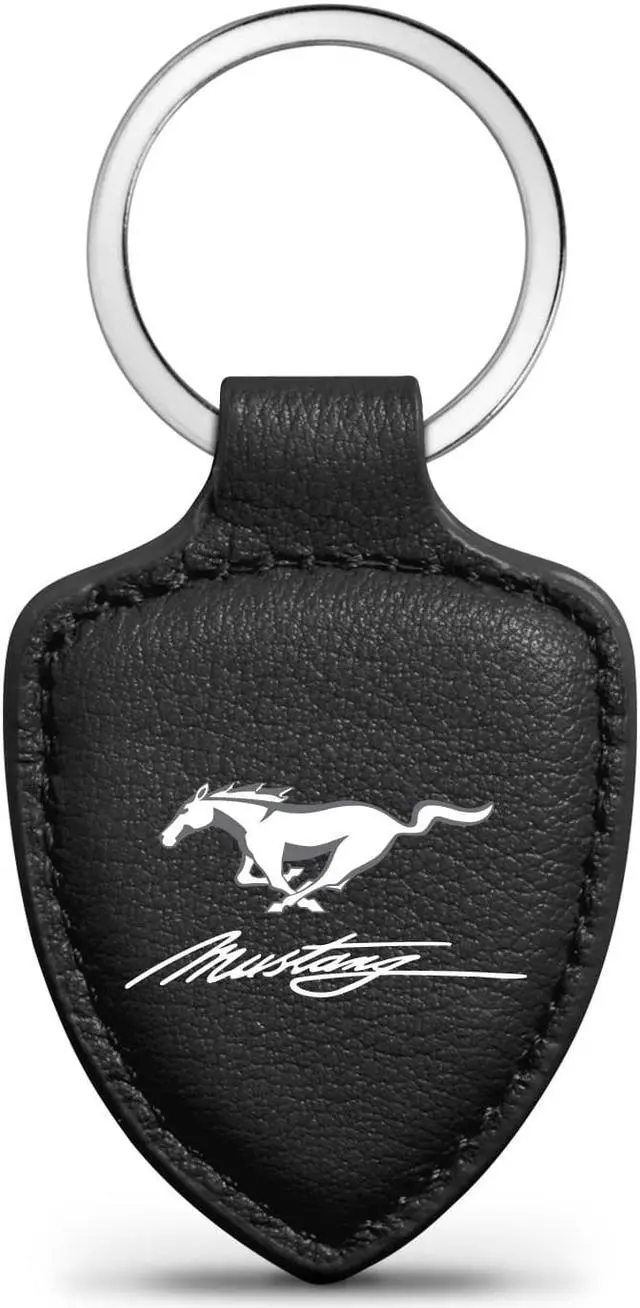 Main image of Ford Mustang Script Black Real Leather Shield-Style Key Chain