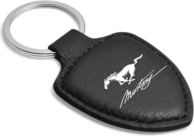 Alt view image 2 of 4 - Ford Mustang Script Black Real Leather Shield-Style Key Chain