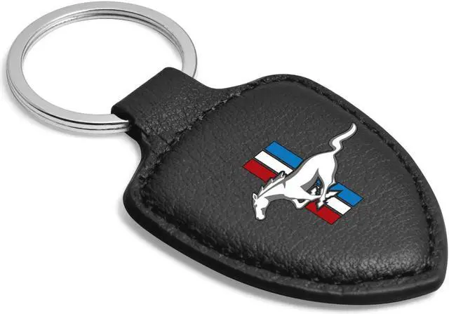 Alt view image 2 of 4 - Ford Mustang Tri-Bar Logo Black Real Leather Shield-Style Key Chain