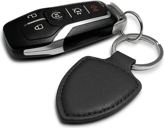 Alt view image 3 of 4 - Ford Mustang Script Black Real Leather Shield-Style Key Chain