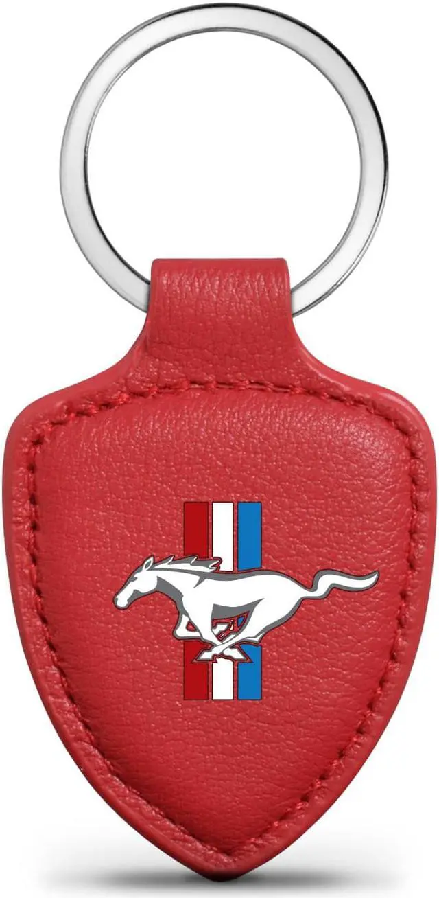 Main image of Ford Mustang Tri-Bar Logo Red Real Leather Shield-Style Key Chain
