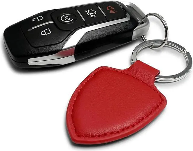 Alt view image 3 of 4 - Ford Mustang Tri-Bar Logo Red Real Leather Shield-Style Key Chain