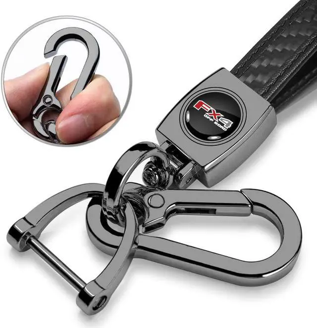 Alt view image 2 of 6 - Ford F-150 FX4 Off Road Logo in Black on Real Carbon Fiber Loop-Strap Dark Gunmetal Hook Key Chain