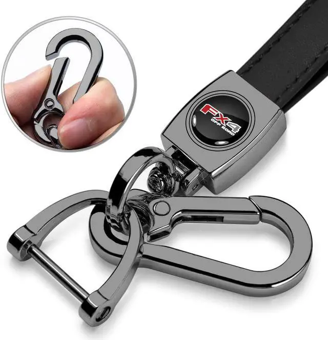 Alt view image 2 of 6 - Ford F-150 FX4 Off Road Logo in Black on Black Leather Loop-Strap Dark Gunmetal Hook Key Chain