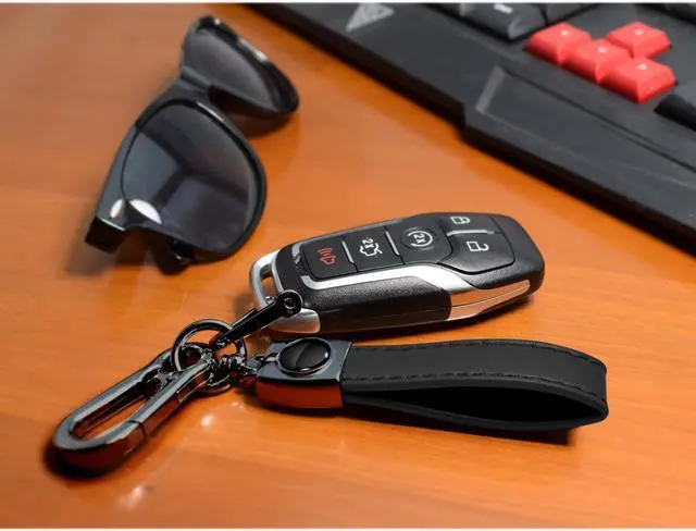 Alt view image 3 of 6 - Ford F-150 FX4 Off Road Logo in Black on Black Leather Loop-Strap Dark Gunmetal Hook Key Chain