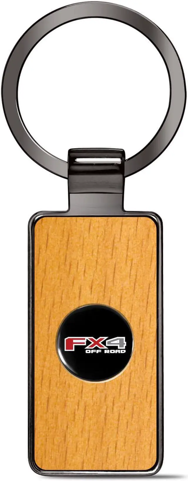 Main image of Ford F-150 FX4 Off Road Roundel Logo in Black on Maple Wood Gray Gunmetal Metal Case Key Chain