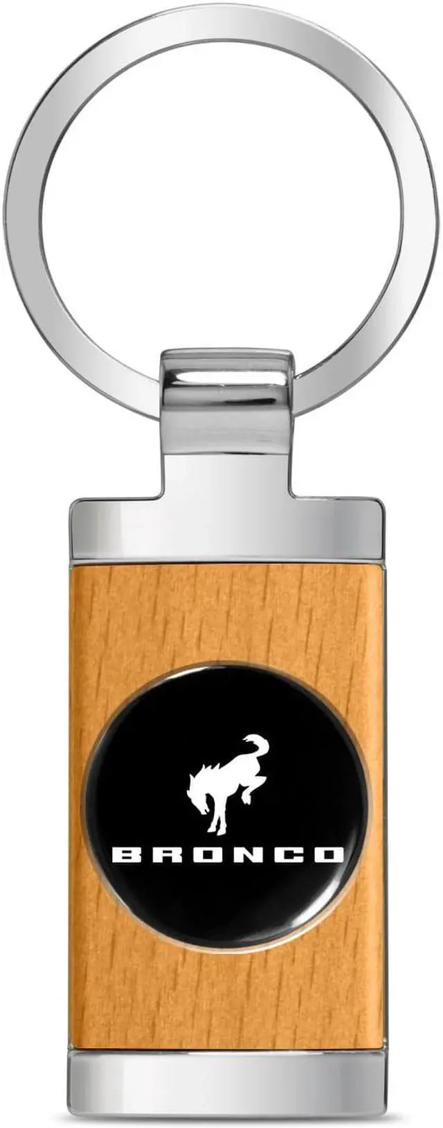 Main image of Ford Bronco Roundel Logo in Black on Maple Wood Chrome Metal Trim Key Chain