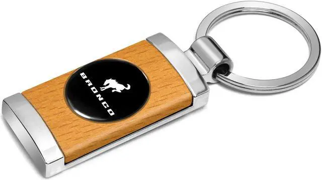 Alt view image 2 of 5 - Ford Bronco Roundel Logo in Black on Maple Wood Chrome Metal Trim Key Chain