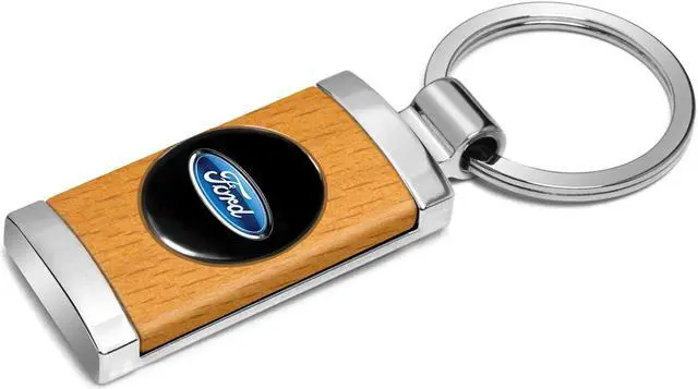 Alt view image 2 of 5 - Ford Roundel Logo in Black on Maple Wood Chrome Metal Trim Key Chain