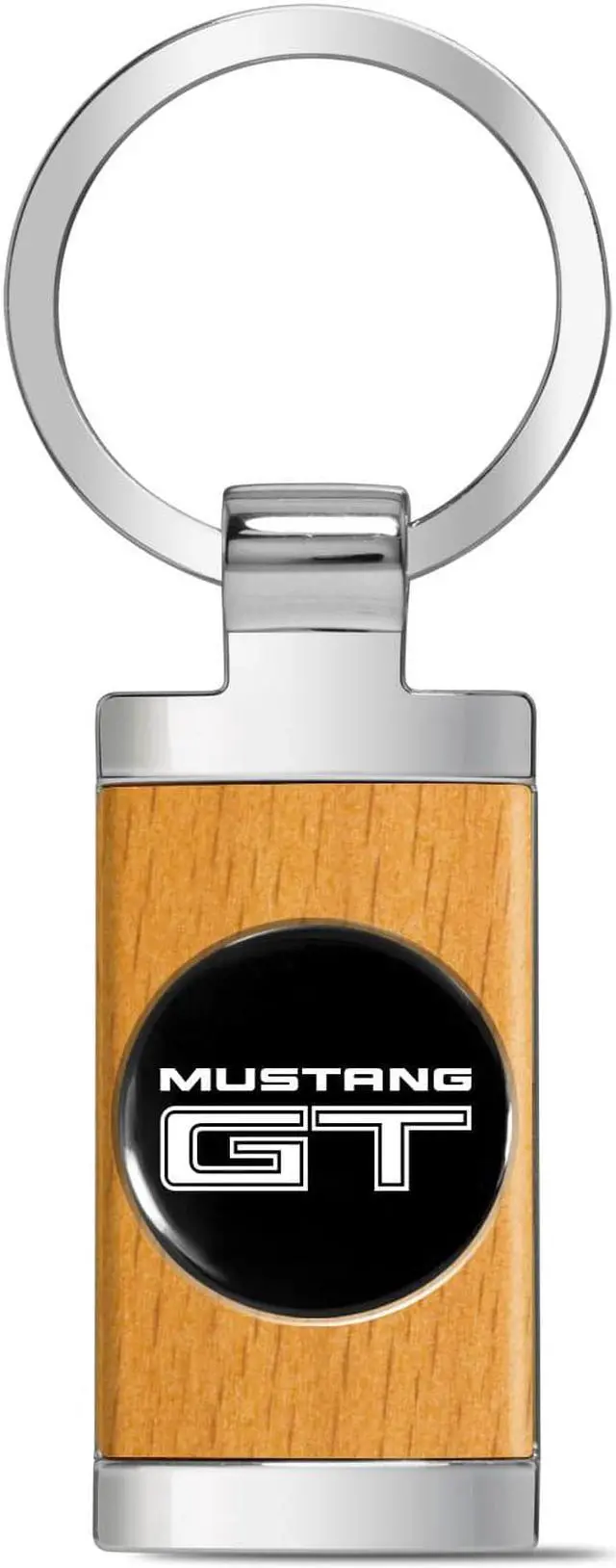 Main image of Ford Mustang GT Roundel Logo in Black on Maple Wood Chrome Metal Trim Key Chain