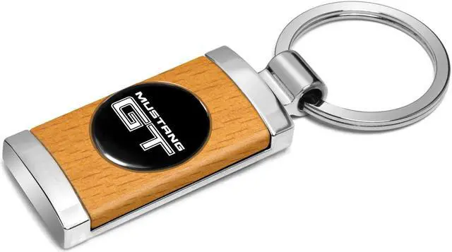 Alt view image 2 of 5 - Ford Mustang GT Roundel Logo in Black on Maple Wood Chrome Metal Trim Key Chain