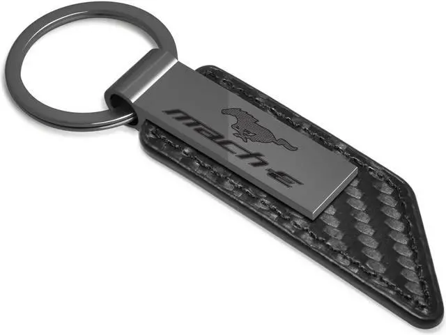 Alt view image 2 of 5 - Ford Mustang Mach-E Gunmetal Gray Metal Plate Carbon Fiber Texture Black Leather Key Chain