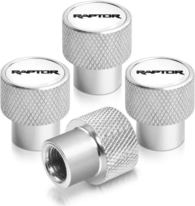 Main image of Ford F-150 Raptor in White on Silver Chrome Aluminum Tire Valve Stem Caps