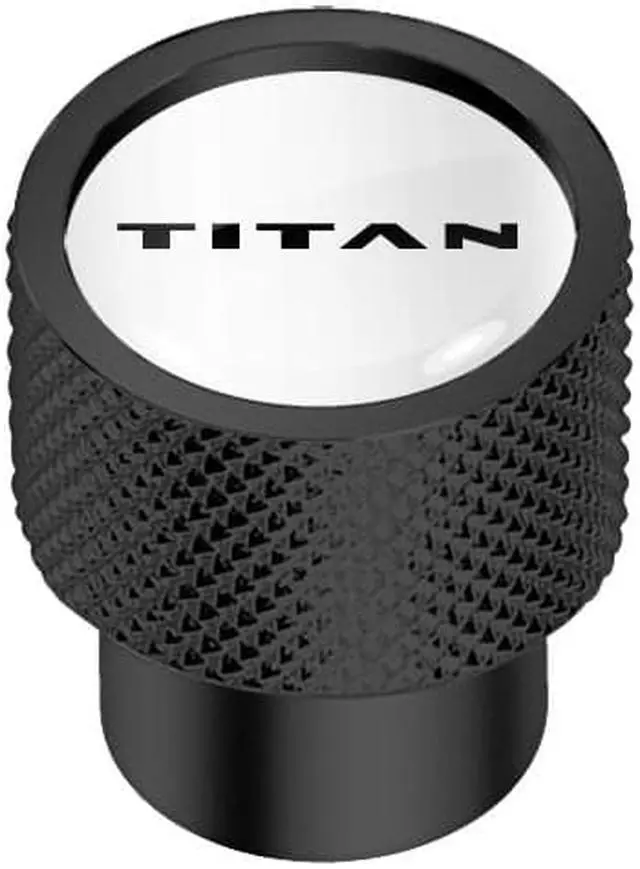 Main image of Nissan Titan Logo in White on Black Aluminum Tire Valve Stem Caps