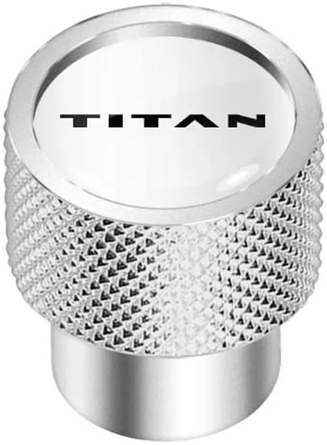 Main image of Nissan Titan Logo in White on Shining Silver Aluminum Tire Valve Stem Caps