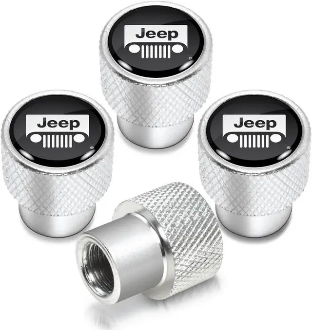 Main image of Jeep Grill in Black on Shining Silver Aluminum Tire Valve Stem Caps