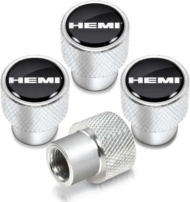 Main image of HEMI Logo in Black on Shining Silver Aluminum Tire Valve Stem Caps