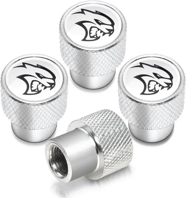 Main image of Dodge SRT Hellcat in White on Shining Silver Aluminum Tire Valve Stem Caps