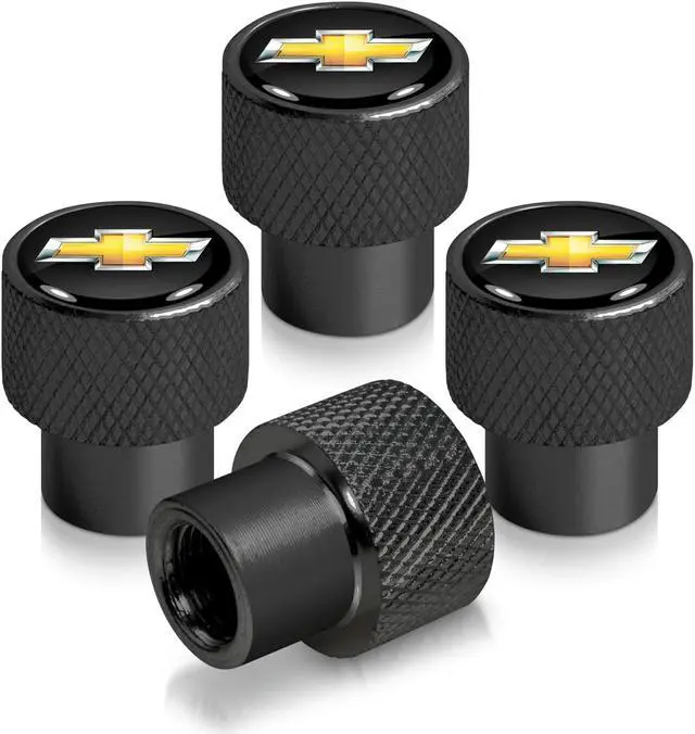 Main image of Chevrolet Golden Logo in Black on Black Aluminum Tire Valve Stem Caps