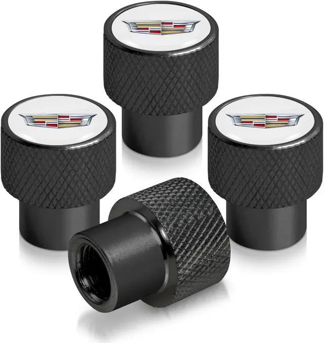 Main image of Cadillac Crest Logo in White on Black Aluminum Tire Valve Stem Caps
