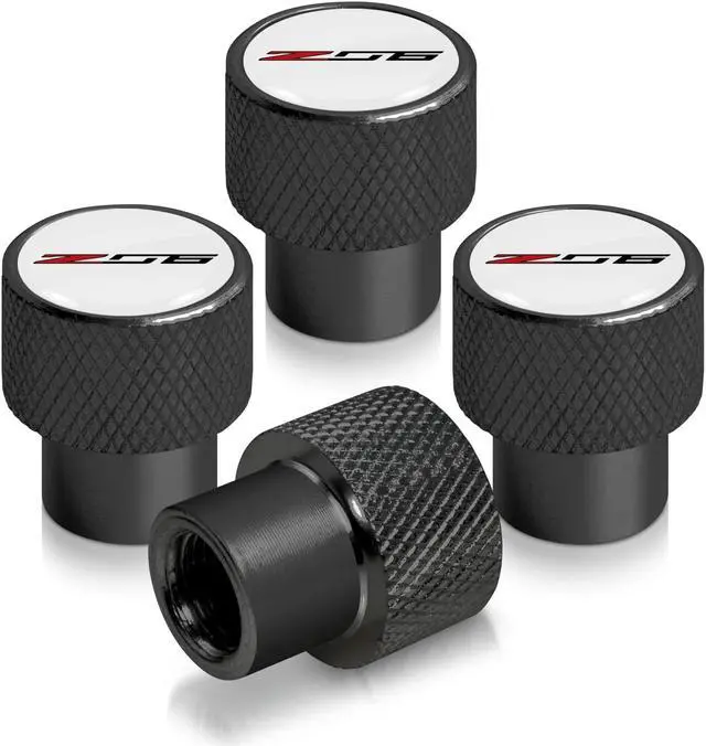 Main image of Chevrolet Corvette C7 Z06 Logo in White on Black Aluminum Tire Valve Stem Caps