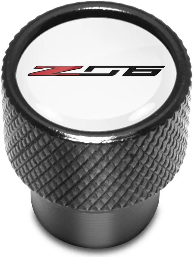 Alt view image 2 of 6 - Chevrolet Corvette C7 Z06 Logo in White on Black Aluminum Tire Valve Stem Caps