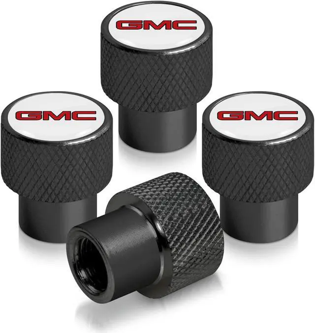 Main image of GMC Red Logo in White on Black Aluminum Tire Valve Stem Caps