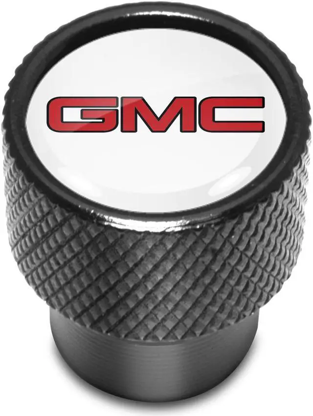 Alt view image 2 of 6 - GMC Red Logo in White on Black Aluminum Tire Valve Stem Caps