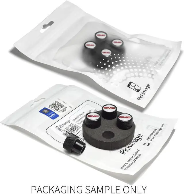 Alt view image 4 of 6 - GMC Red Logo in White on Black Aluminum Tire Valve Stem Caps