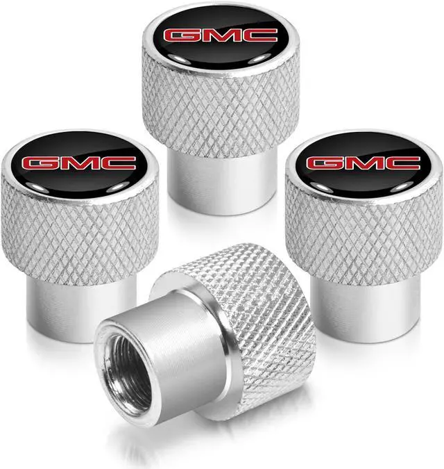 Main image of GMC Red Logo in Black on Shining Silver Aluminum Tire Valve Stem Caps