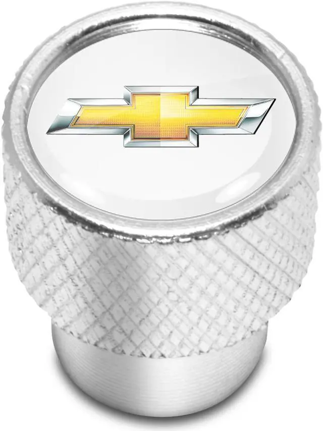 Main image of Chevrolet Golden Logo in White on Shining Silver Aluminum Tire Valve Stem Caps